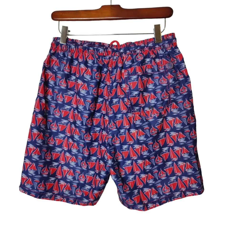 Mr. Swim Men's Sz M Sailboat Nautical Swim Trunks Short Inseam Blue Red Summer
